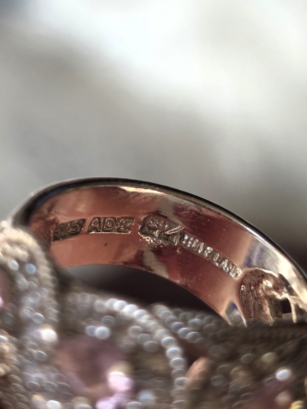Vintage ADI Thailand Sterling Silver Pink Quartz Doublet & CZ Cocktail Ring - Picture 2 of 7